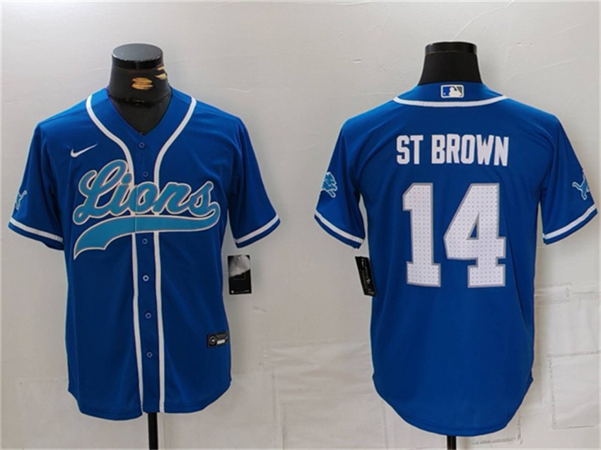 Men's Blue Detroit Lions #14 Amon-Ra St. Brown Cool Base Stitched Baseball Jersey